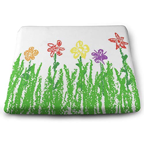 SZjinghao Chair Square Cushion，Seat Cushion for Home Office Dinning Chair Solid Color Indoor OutdoorChair Pads Wax Crayon Kid`s Colorful Flowers Green Grass Drawn Cute